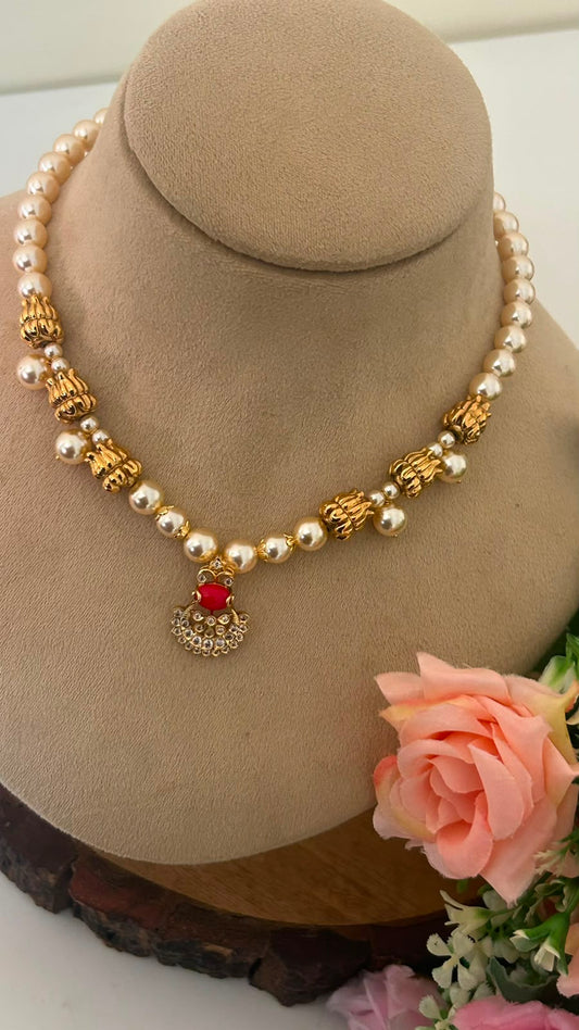 Traditional Pearl Beads Necklace with Ruby Pendant | | 16–17 Inch