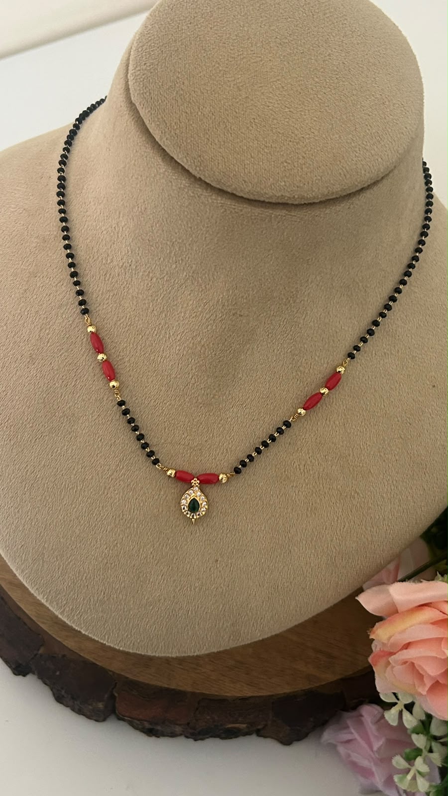 Delicate Black Beads Mangalsutra with Green Stone Pendant | 16–17 Inches