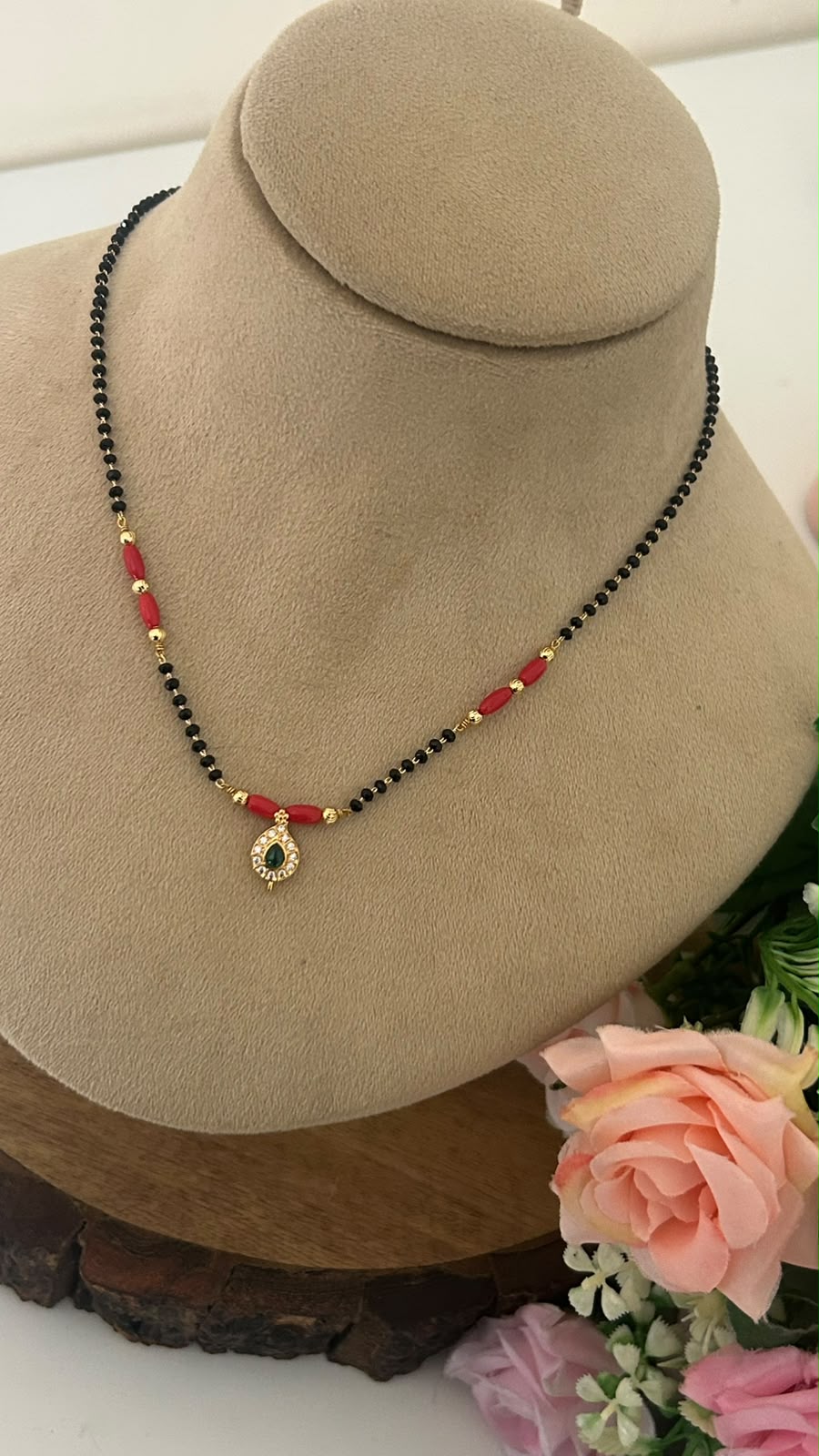 Delicate Black Beads Mangalsutra with Green Stone Pendant | 16–17 Inches