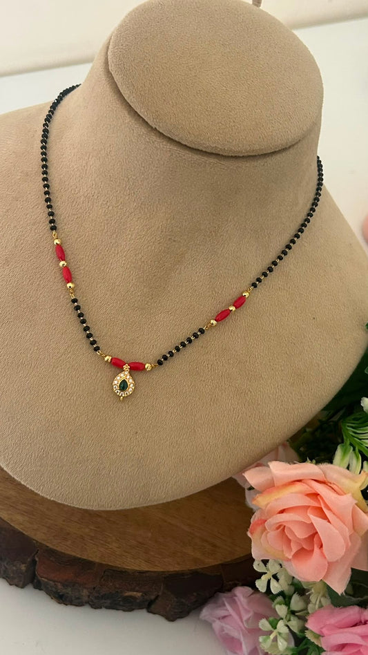 Delicate Black Beads Mangalsutra with Green Stone Pendant | 16–17 Inches