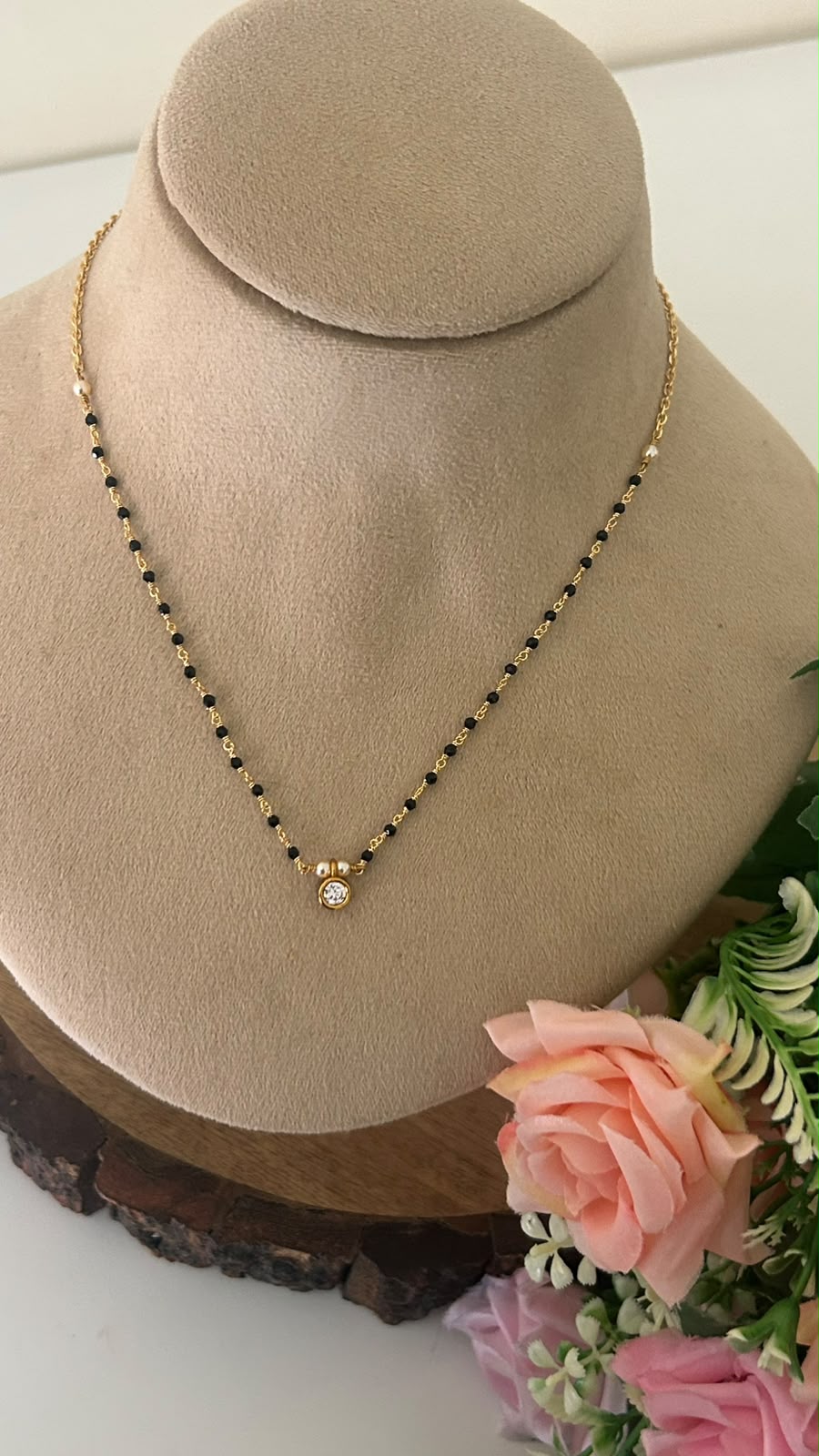 Premium Kattuteega Making Black Beads Mangalsutra with CZ Pendant | Gold Look | 16–17 Inches