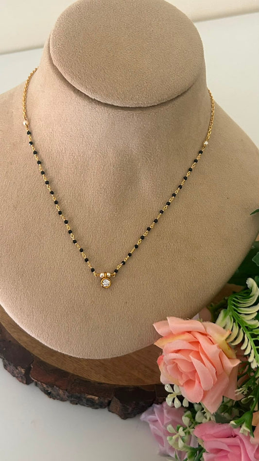 Premium Kattuteega Making Black Beads Mangalsutra with CZ Pendant | Gold Look | 16–17 Inches