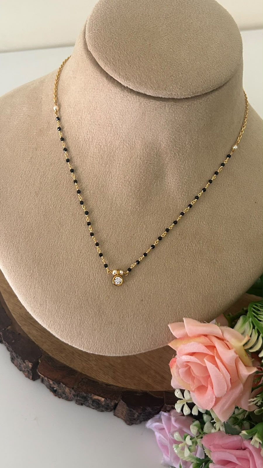 Premium Kattuteega Making Black Beads Mangalsutra with CZ Pendant | Gold Look | 16–17 Inches