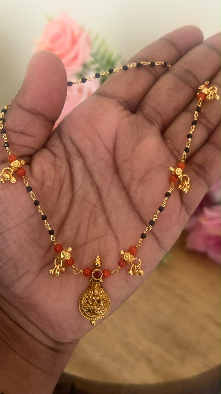 Elegant Black Beads Lakshmi Pendant Mangalsutra – 16–17 Inches