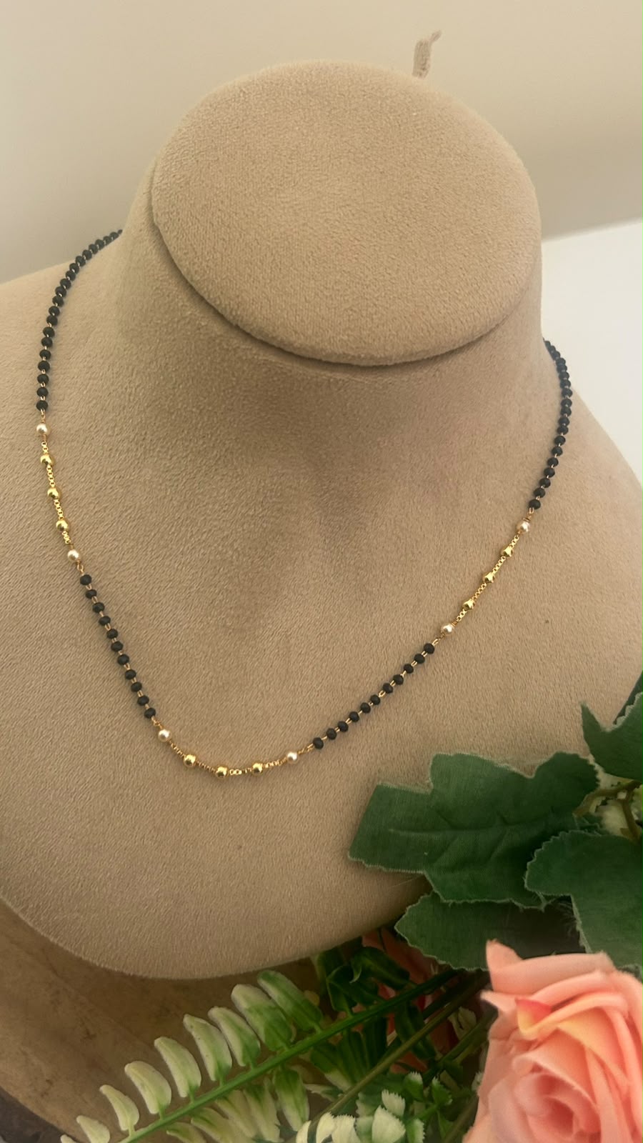 Black Beads Pearl Chain Necklace – 16–17 Inches