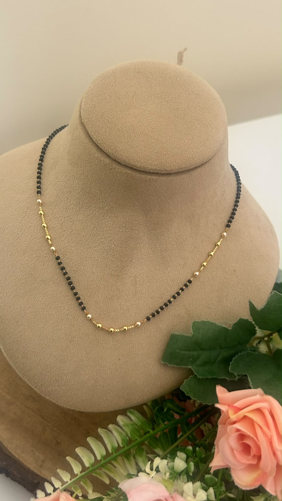 Black Beads Pearl Chain Necklace – 16–17 Inches
