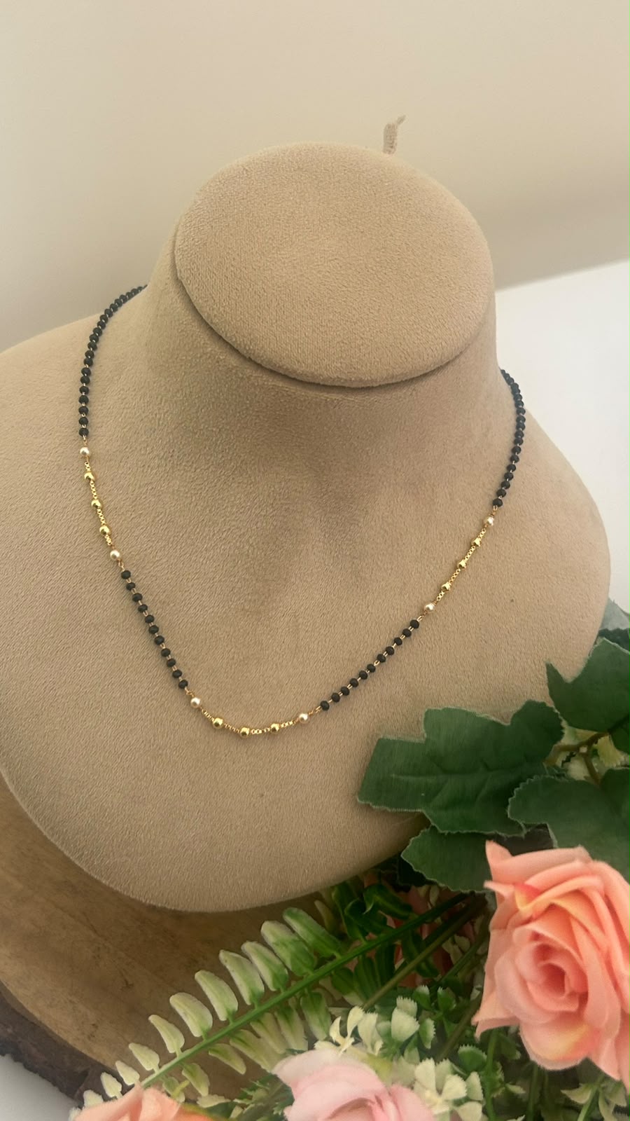 Black Beads Pearl Chain Necklace – 16–17 Inches