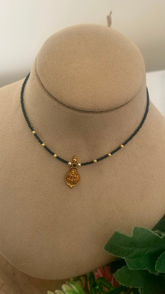 Black Beads Lakshmi Pendant Invisible Chain Necklace | 14–15 Inches