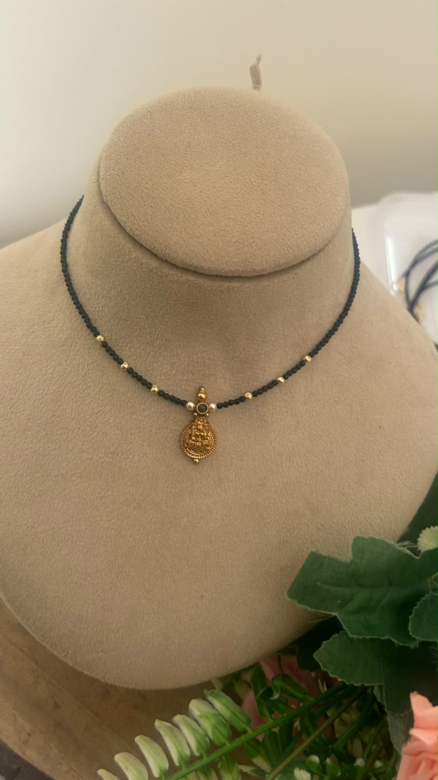 Black Beads Lakshmi Pendant Invisible Chain Necklace | 14–15 Inches
