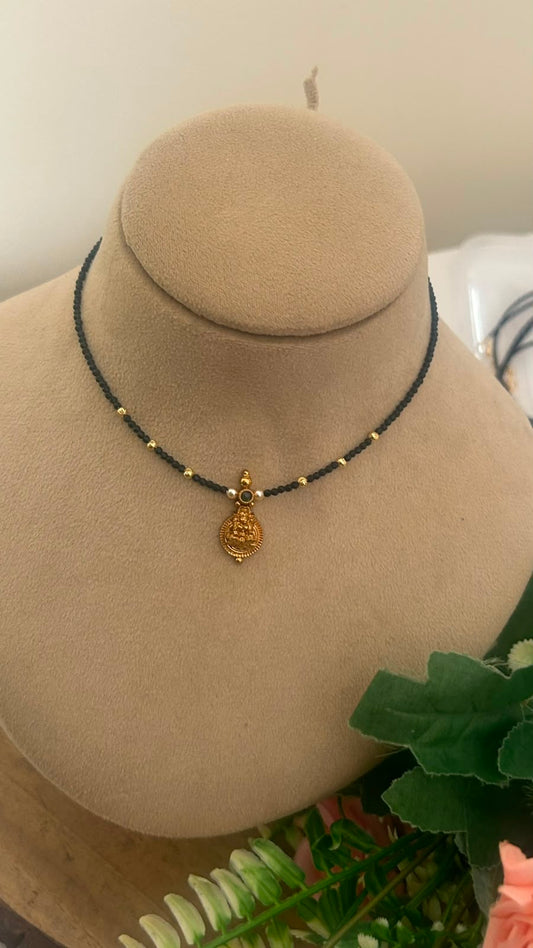 Black Beads Lakshmi Pendant Invisible Chain Necklace | 14–15 Inches