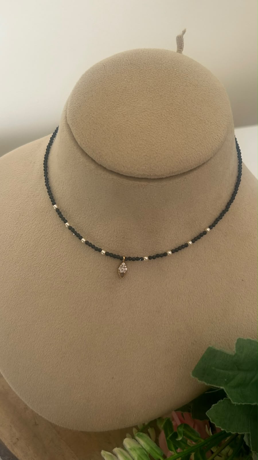 Black Beads CZ Leaf Pendant Invisible Chain Necklace | 14–15 Inches