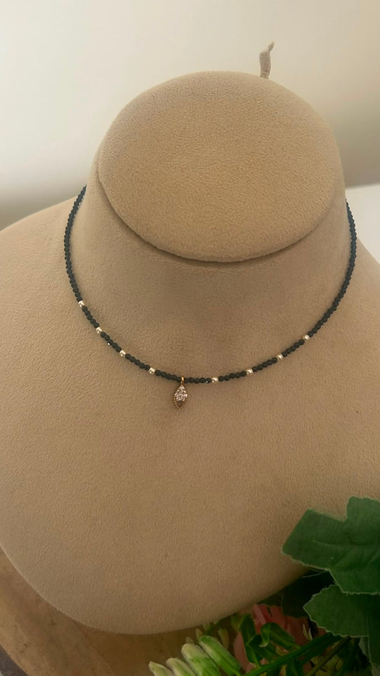 Black Beads CZ Leaf Pendant Invisible Chain Necklace | 14–15 Inches