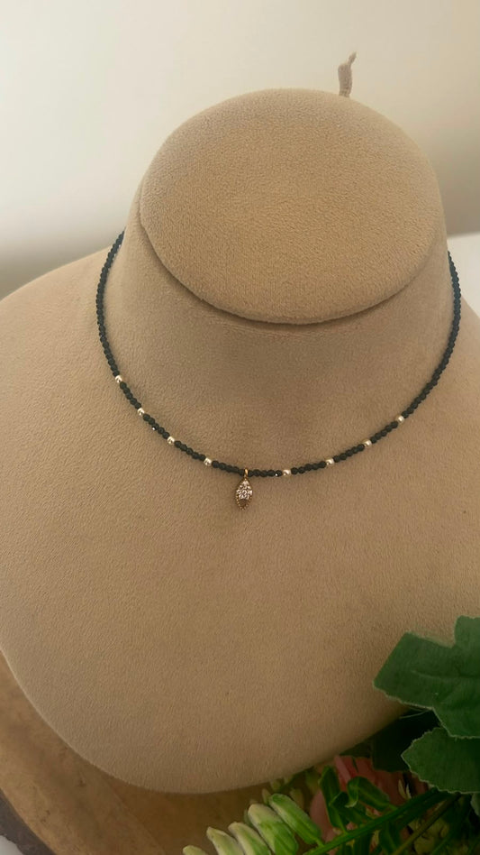Black Beads CZ Leaf Pendant Invisible Chain Necklace | 14–15 Inches