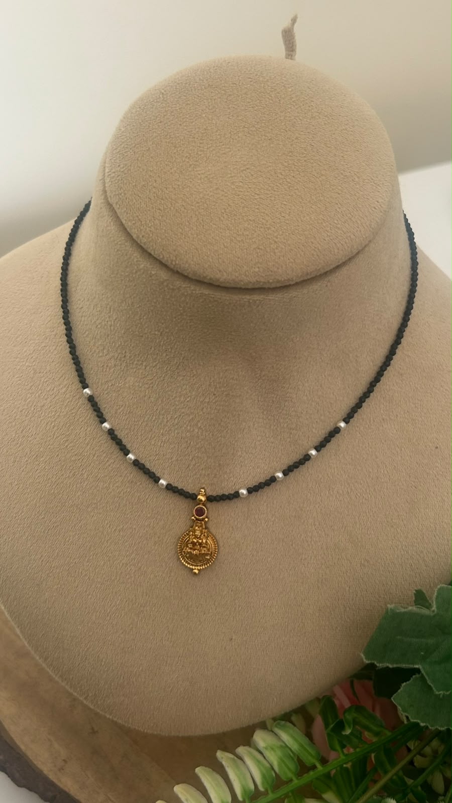 Traditional Goddess Pendant Black Beads Necklace | 14–15 Inches