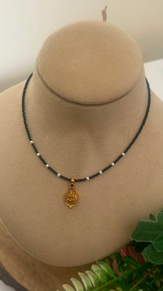 Traditional Goddess Pendant Black Beads Necklace | 14–15 Inches