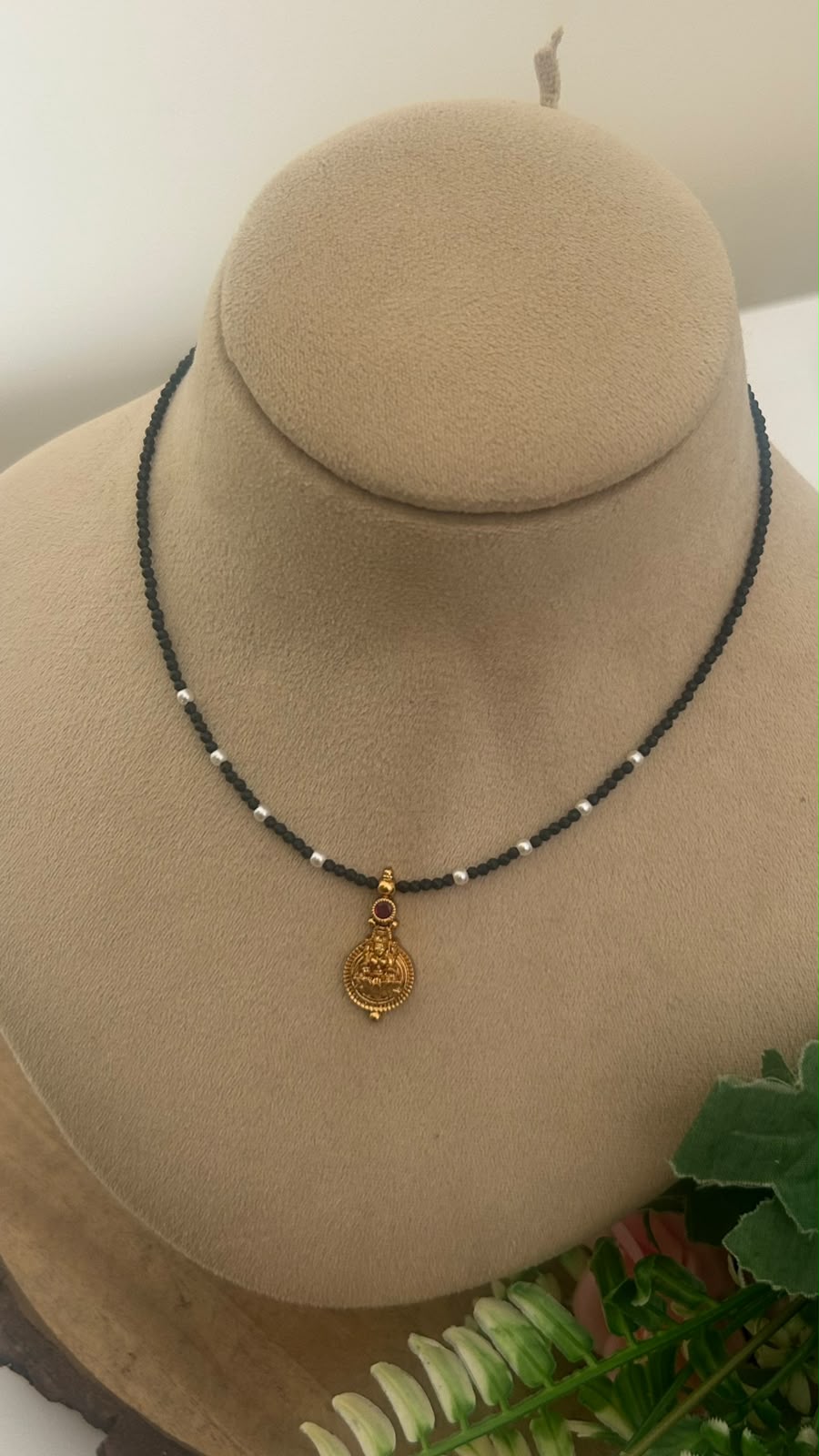 Traditional Goddess Pendant Black Beads Necklace | 14–15 Inches