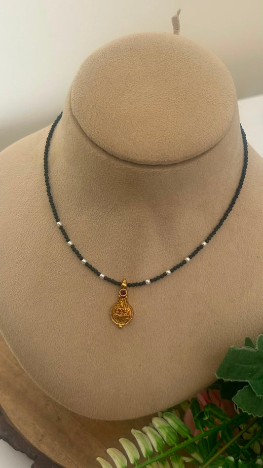 Traditional Goddess Pendant Black Beads Necklace | 14–15 Inches