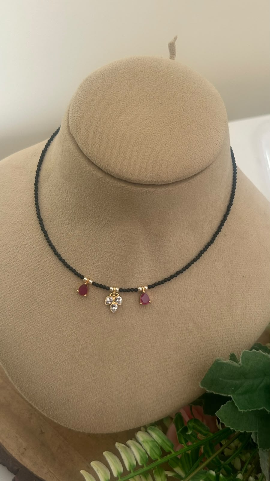 Black Beads Ruby & polki Pendant Invisible Chain Necklace | 14–15 Inches