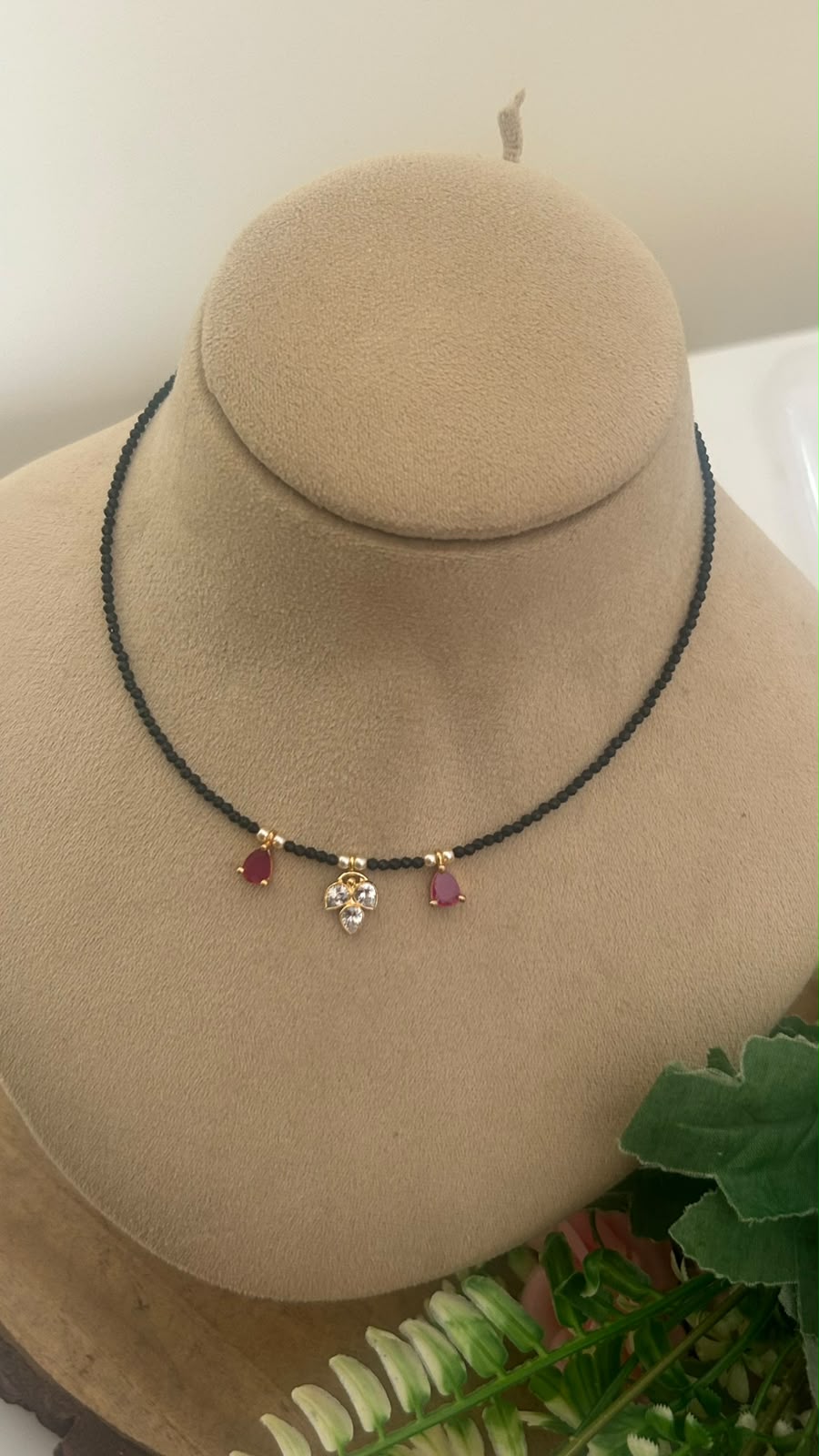 Black Beads Ruby & polki Pendant Invisible Chain Necklace | 14–15 Inches