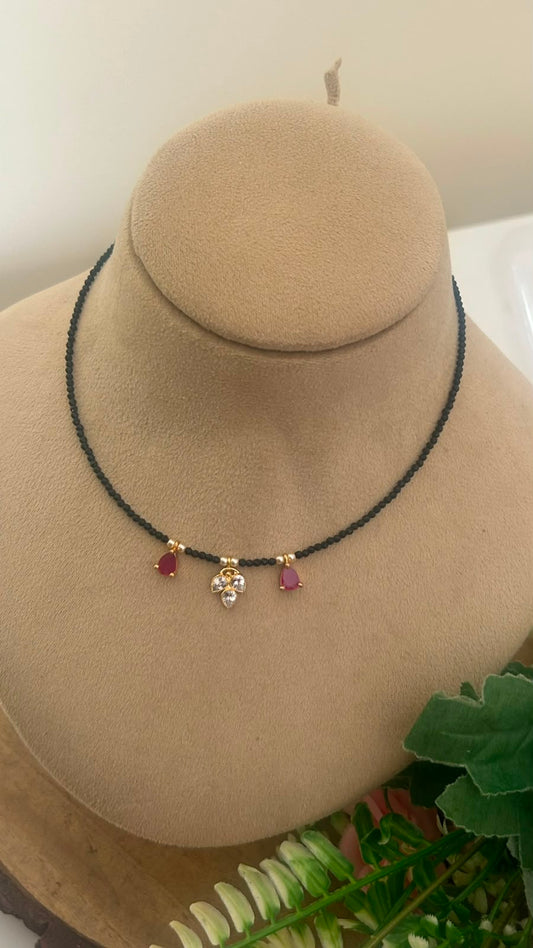 Black Beads Ruby & polki Pendant Invisible Chain Necklace | 14–15 Inches