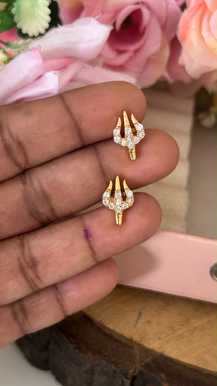 Panchaloham Trishul Design Stud Earrings with Gold Polish