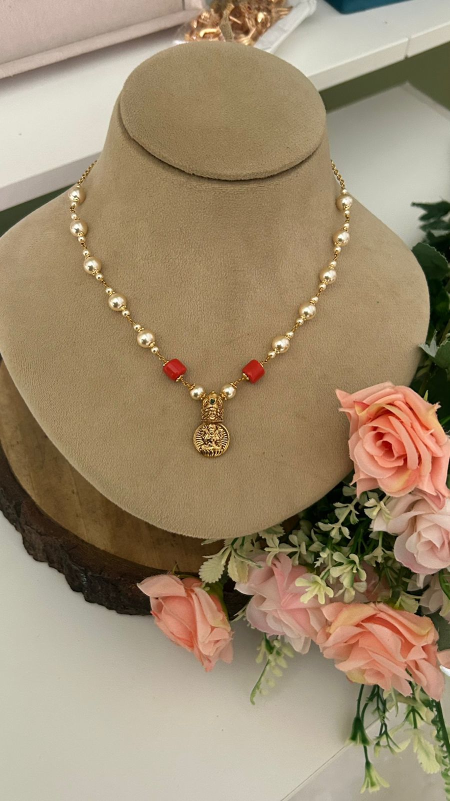 Lakshmi Pendant Coral & Swarovski Pearl Necklace in 16 to 17 inches middle