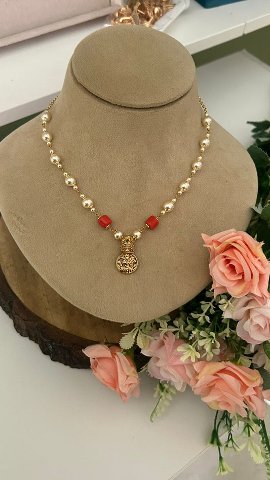 Lakshmi Pendant Coral & Swarovski Pearl Necklace in 16 to 17 inches middle