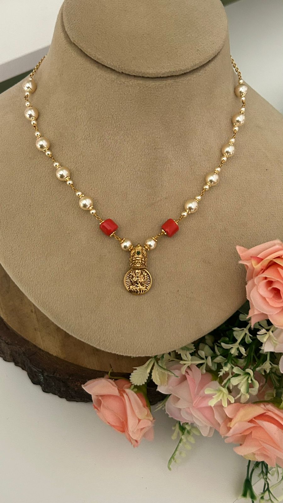 Lakshmi Pendant Coral & Swarovski Pearl Necklace in 16 to 17 inches middle