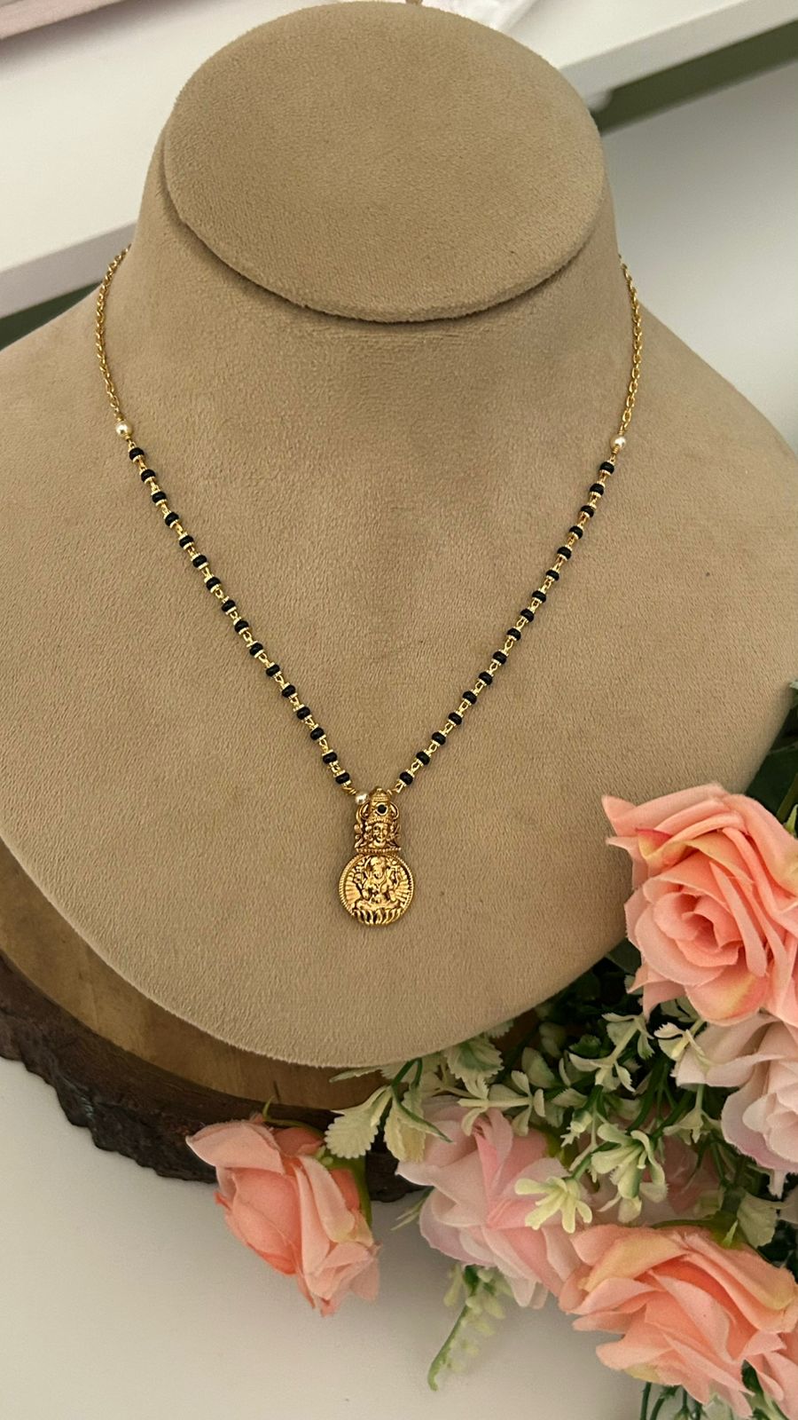 Traditional Black Beads Mangalsutra with Lakshmi Pendant – 17–18 Inches