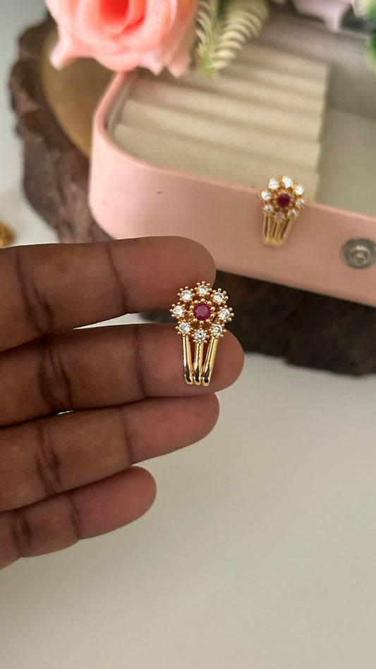 Panchaloham J Type Ruby Floral Polished Drop Earrings