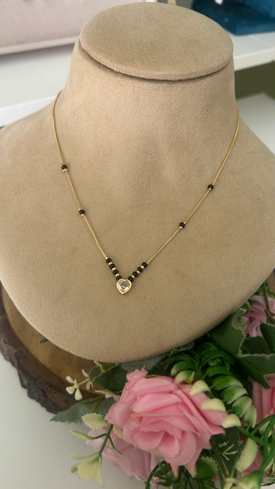 Black Beads Mangalsutra with Heart CZ Pendant | Gold Finish Necklace