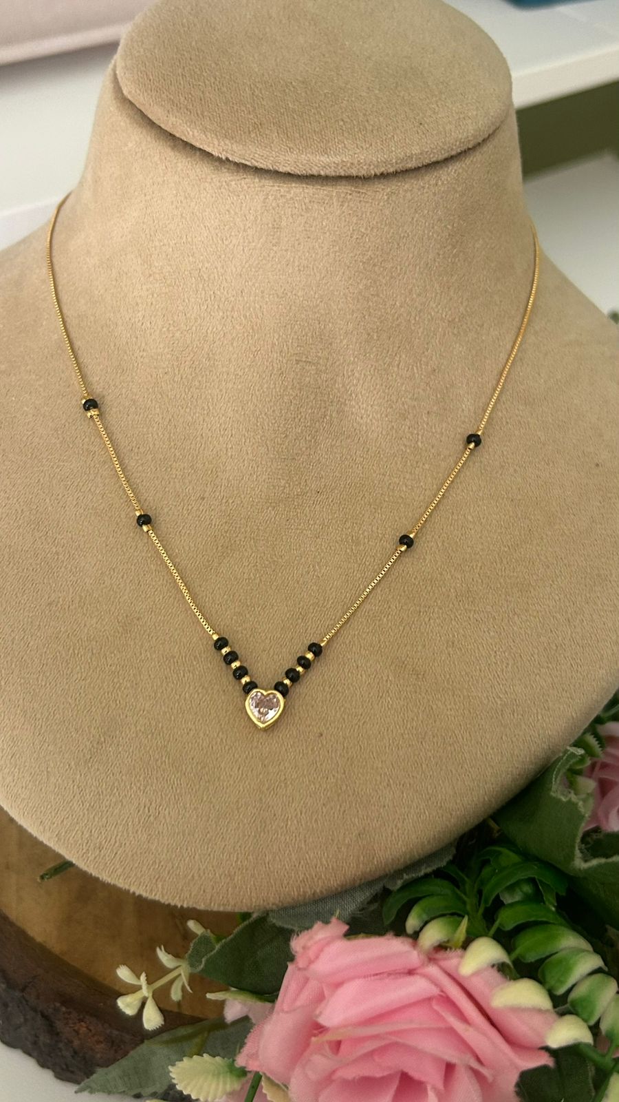 Black Beads Mangalsutra with Heart CZ Pendant | Gold Finish Necklace