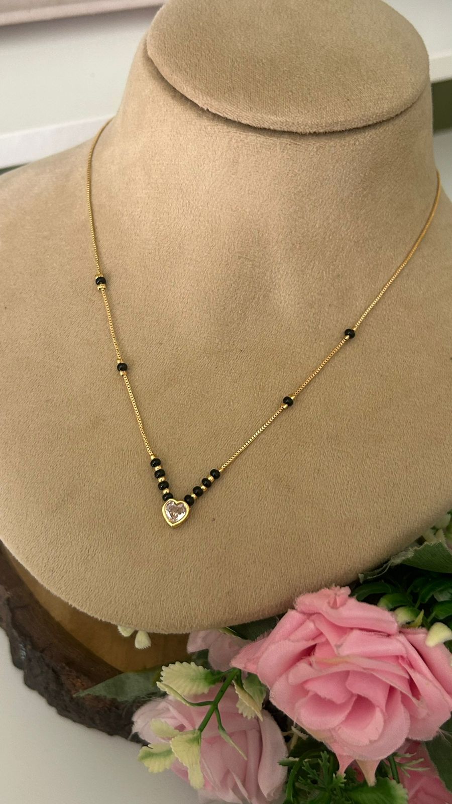 Black Beads Mangalsutra with Heart CZ Pendant | Gold Finish Necklace