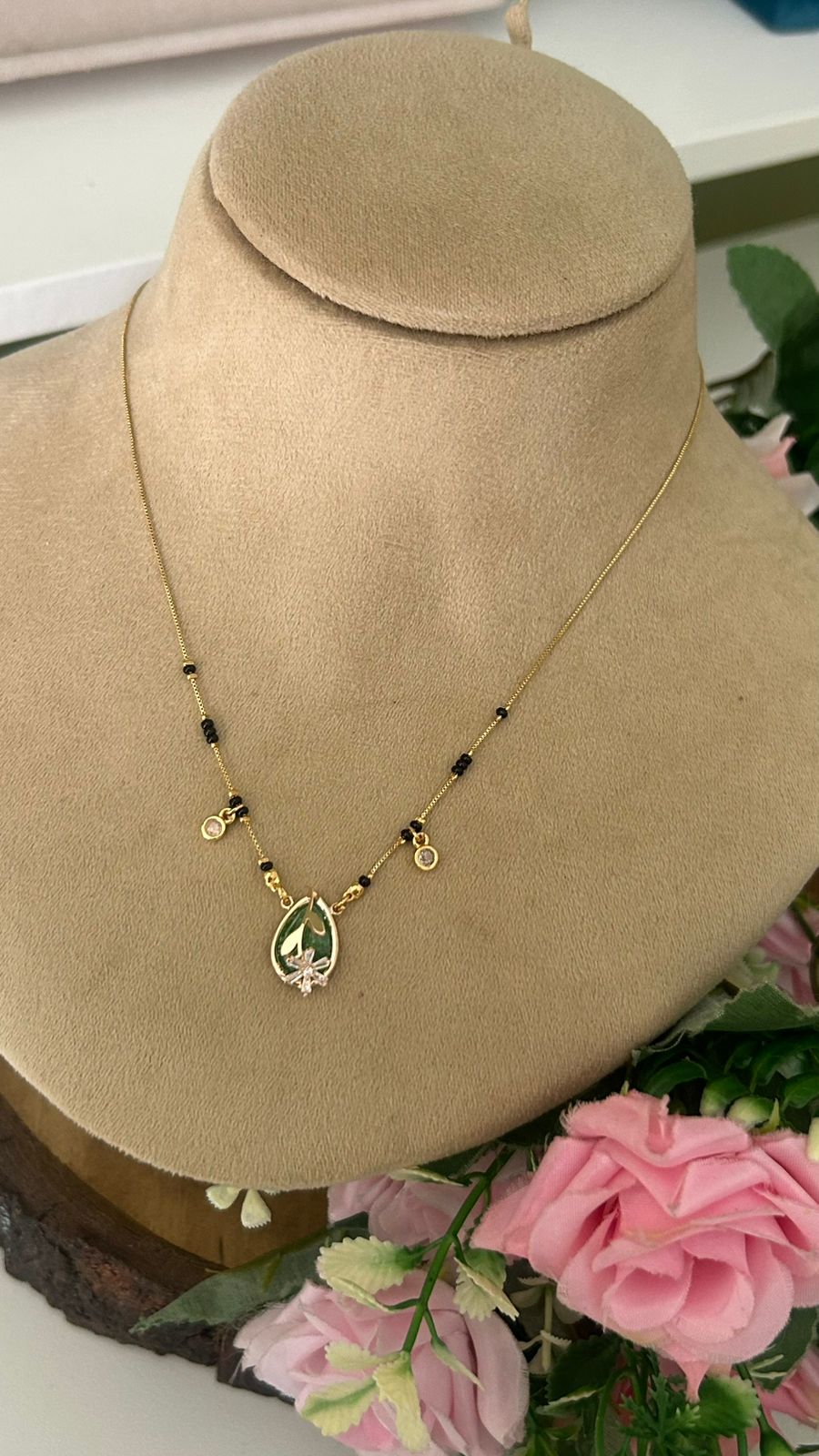 Black Beads Mangalsutra with Green Teardrop CZ Pendant | Gold Finish Necklace