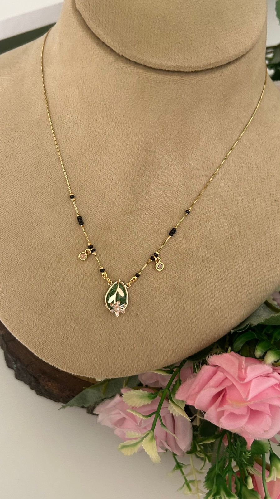 Black Beads Mangalsutra with Green Teardrop CZ Pendant | Gold Finish Necklace