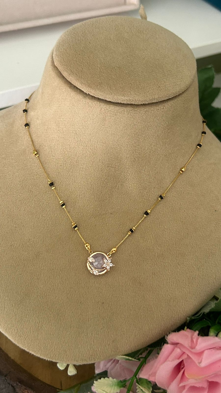 Black Beads Mangalsutra Necklace with Elegant Stone Pendant | Traditional Jewellery