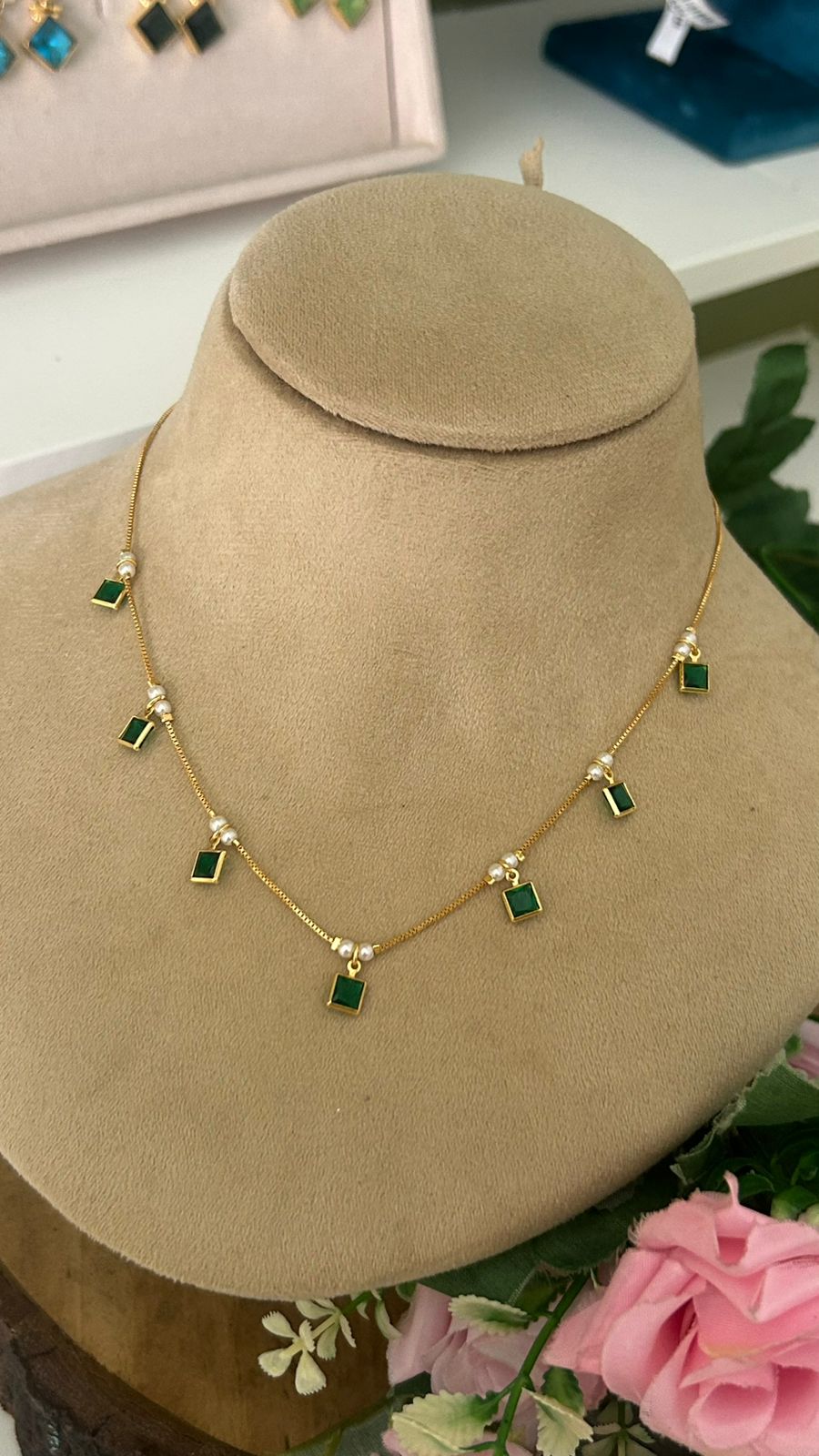 Elegant Gold Chain Necklace with Dainty Square Green Pendants