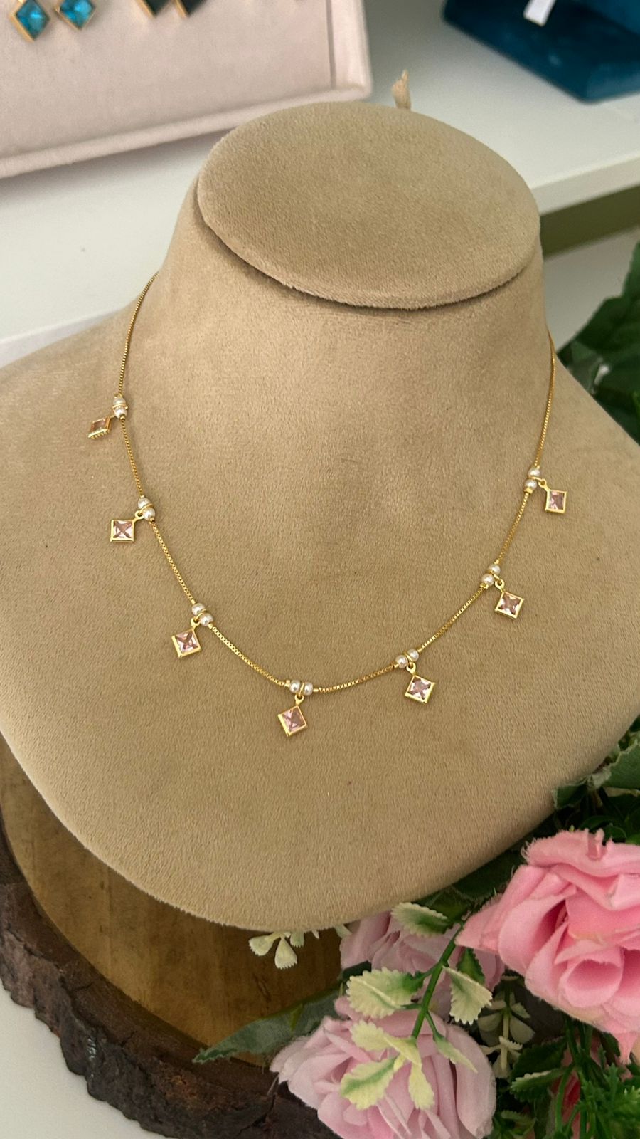 Minimalist Gold Chain Necklace with Light Pink Square Pendants