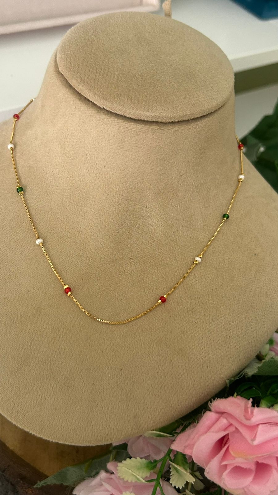Dainty Gold Chain with Red, Green, and Pearl Accent Beads
