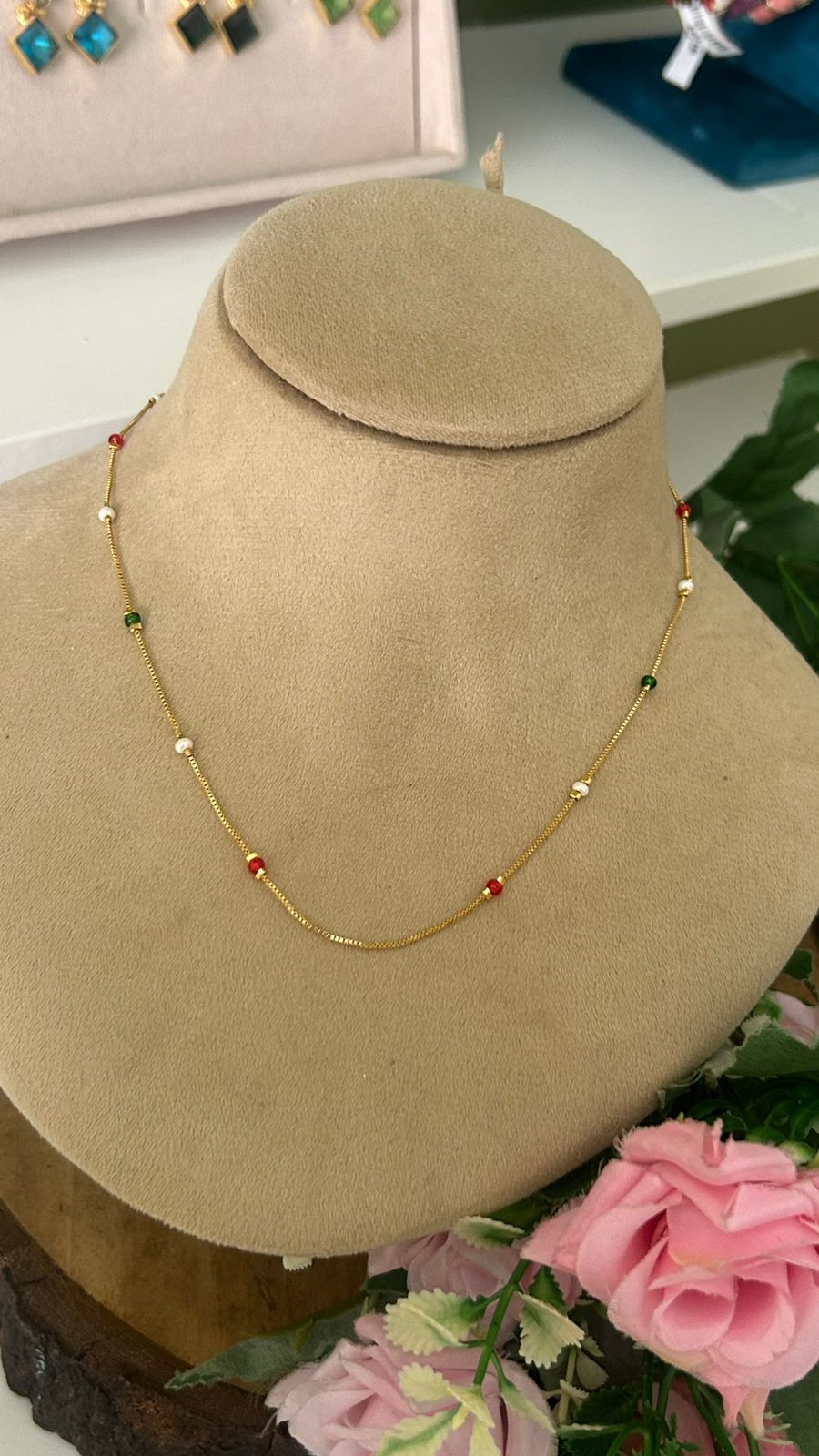 Dainty Gold Chain with Red, Green, and Pearl Accent Beads