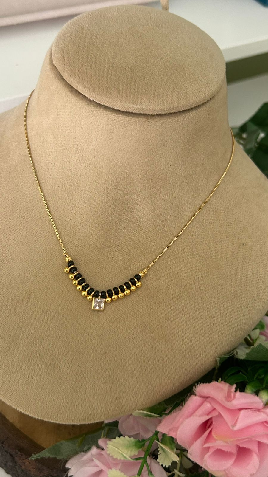 Modern Gold Plated Short Mangalsutra with Square White Solitaire Pendant