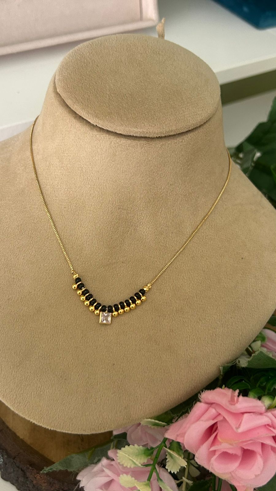 Modern Gold Plated Short Mangalsutra with Square White Solitaire Pendant