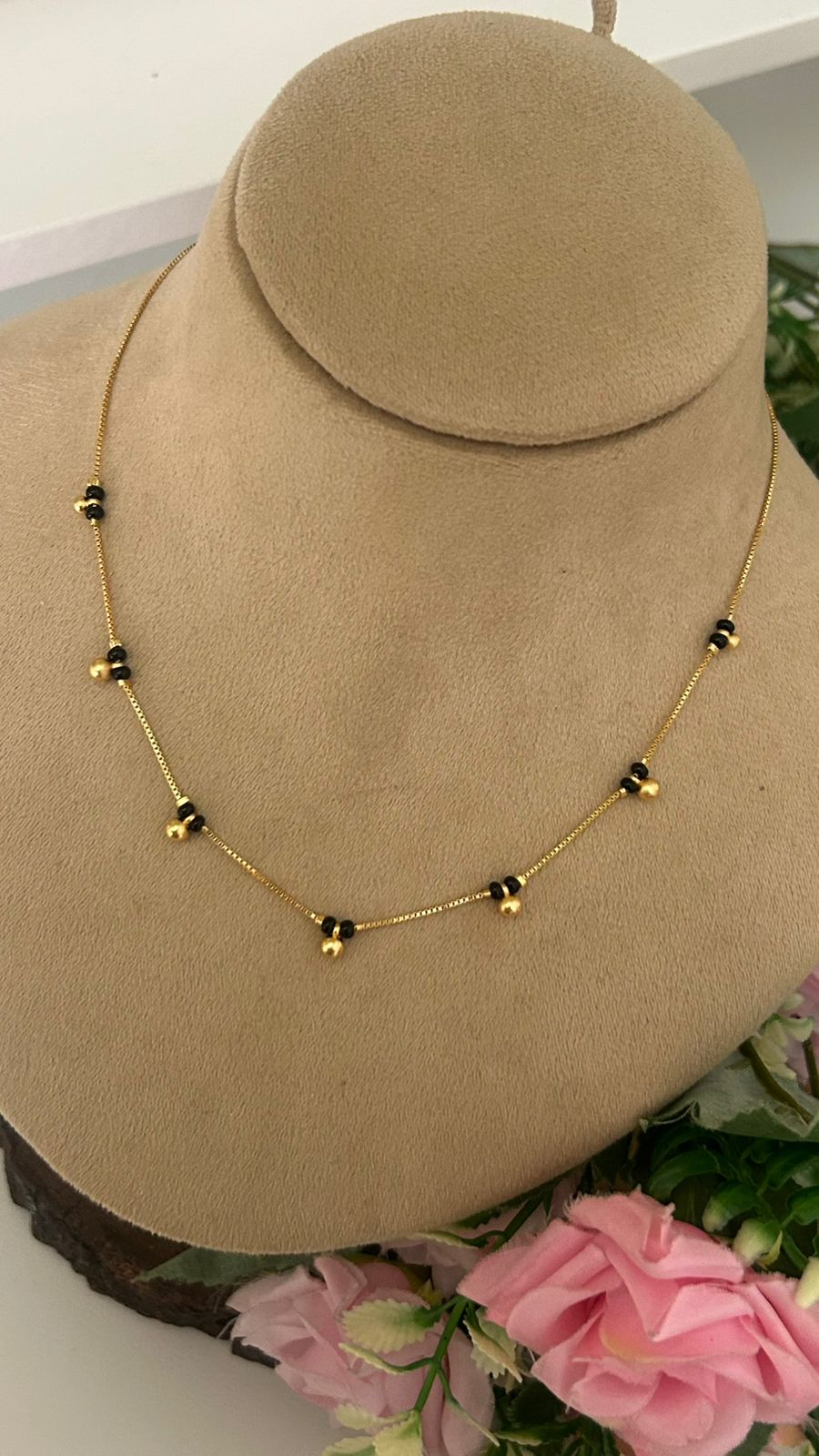 Dainty Multi Charm Black Bead Necklace with Tiny Gold Droplets