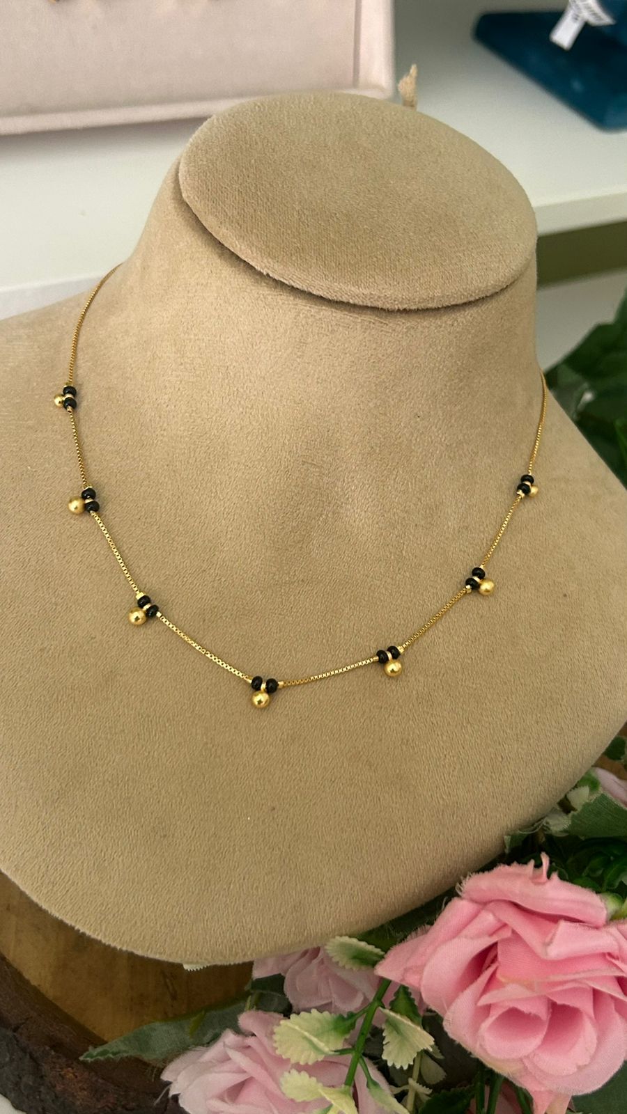 Dainty Multi Charm Black Bead Necklace with Tiny Gold Droplets