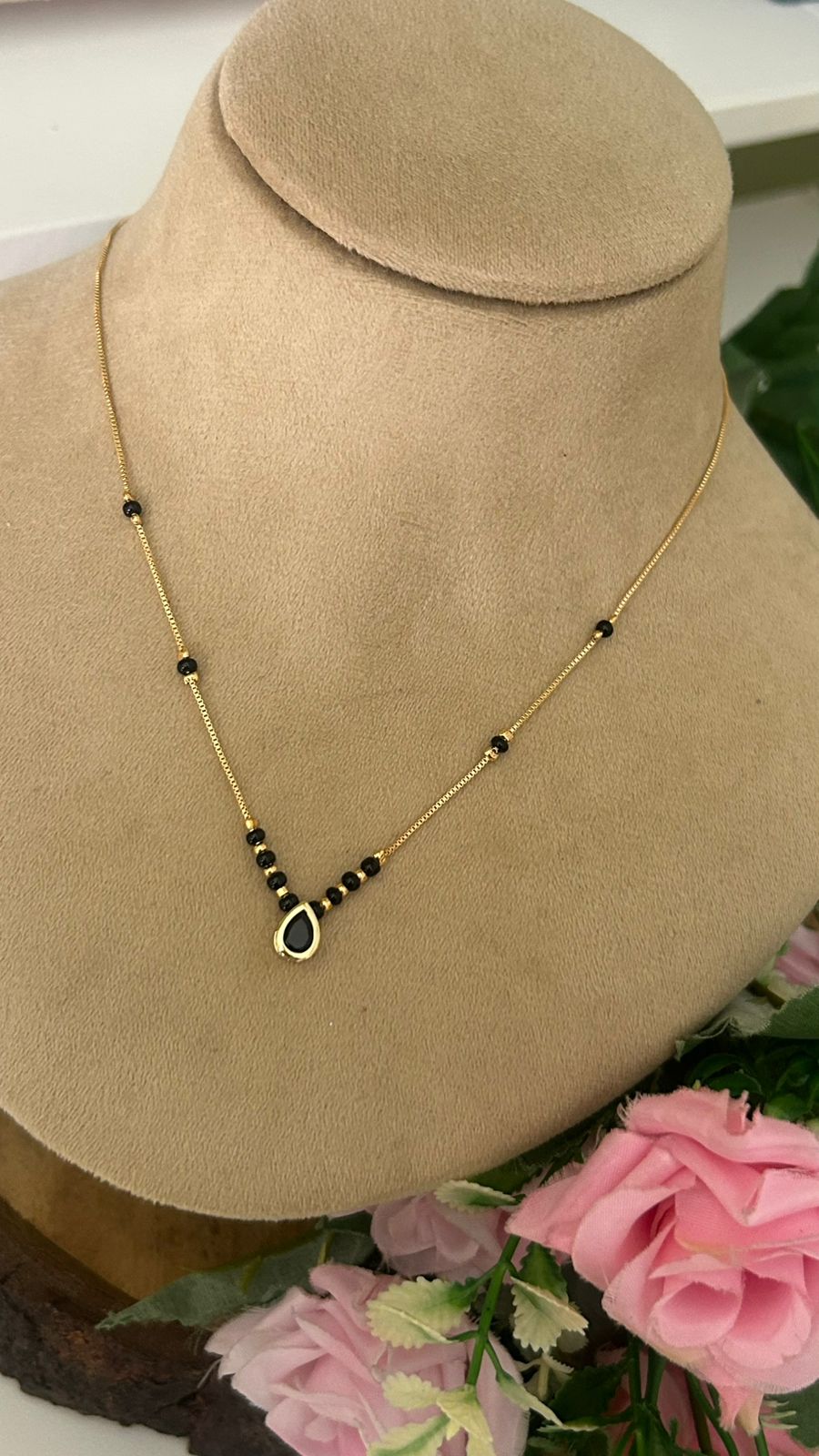 Modern Gold Plated Short Mangalsutra with Black Teardrop Pendant