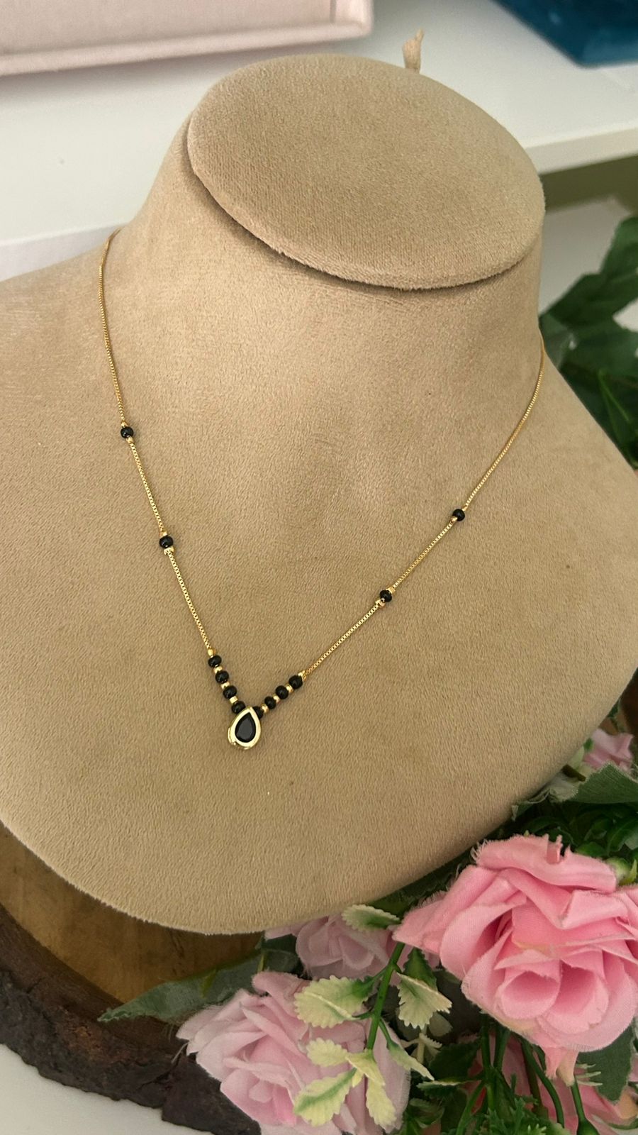 Modern Gold Plated Short Mangalsutra with Black Teardrop Pendant