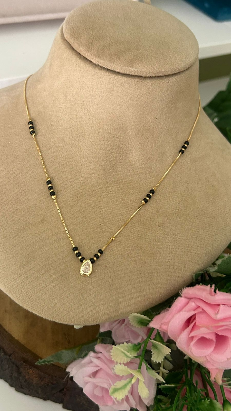 Modern Gold Plated Short Mangalsutra with whiteTeardrop Pendant
