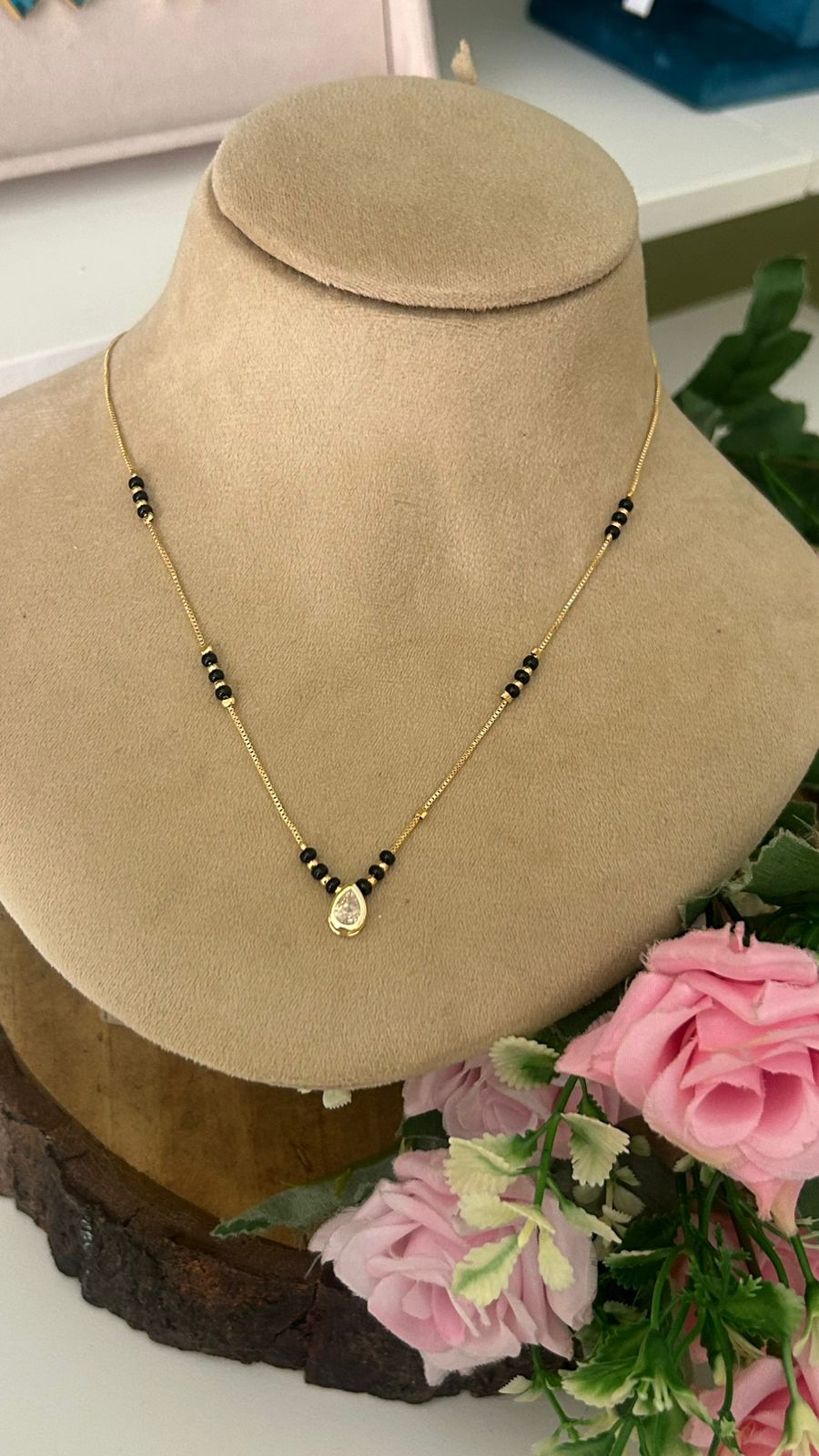 Modern Gold Plated Short Mangalsutra with whiteTeardrop Pendant