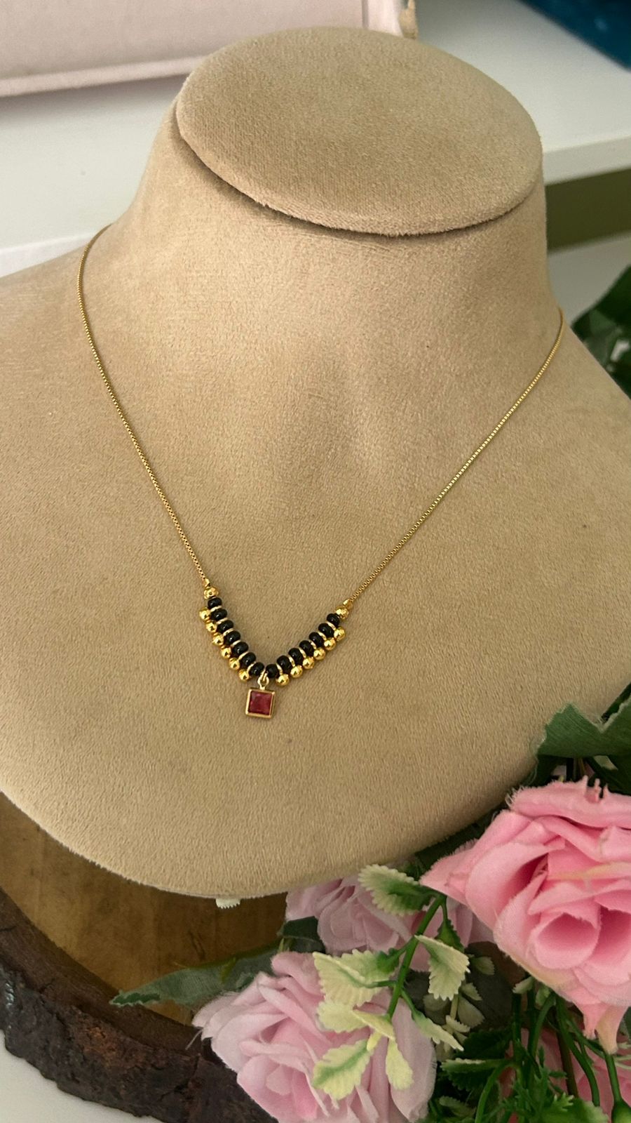Minimalist Gold Mangalsutra with Square Red CZ Gemstone Stone