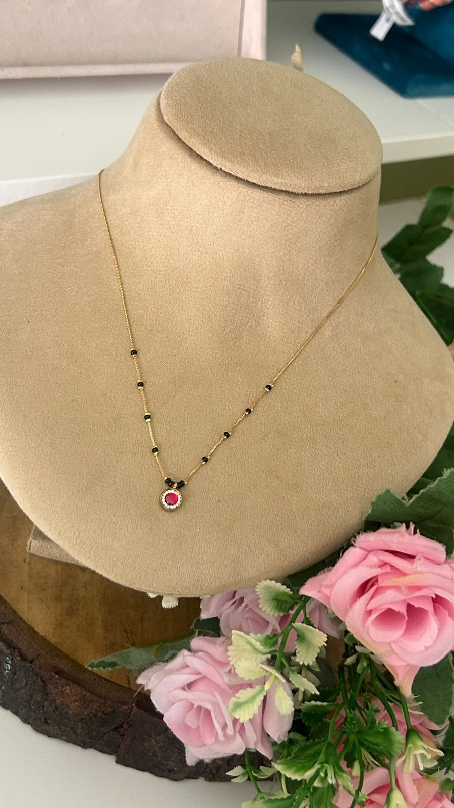 Short Black Beads Station Chain Necklace with Round Ruby Red CZ Pendant for Women